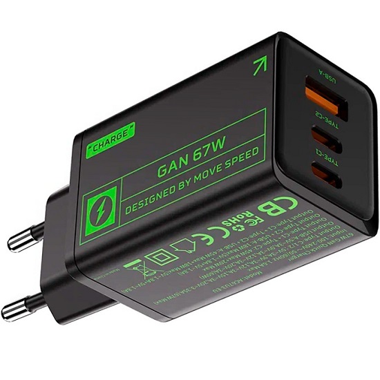 Сетевое ЗУ 1USB/2Type-C MOVESPEED AC67 Black, 67W
