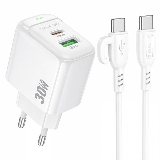 Сетевое ЗУ 1USB/1Type-C 3.0A BOROFONE BAS45A Potential, белый, кабель Type-C - Type-C, 30Вт