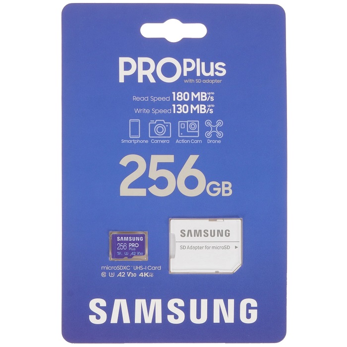 Micro SD 256Gb Samsung Class 10 Pro Plus A2 V30 U3 (R/W 180/130 MB/s) + адаптер SD