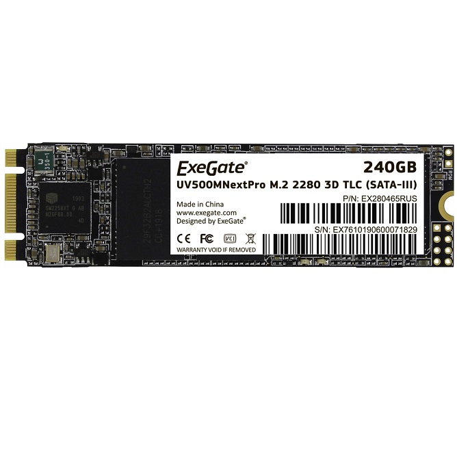 Накопитель SSD M.2 240Gb ExeGate NextPro UV500TS240, 2280, SATA III, R/W 561/500 (EX280465RUS)