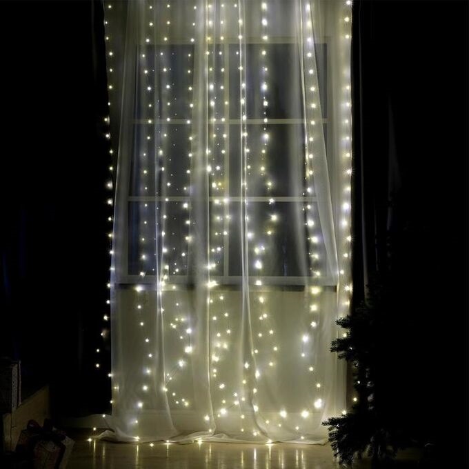 Гирлянда "Занавес", 3 х 3 м, на крючках РОСА свечение белое (ПИТАНИЕ 3 АА)