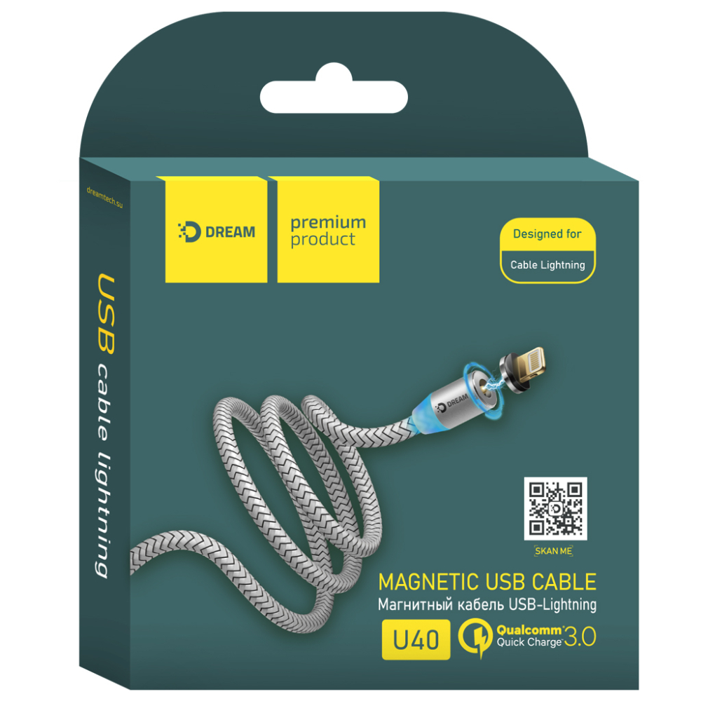 Кабель USB <--> Lightning  1.0м DREAM U50 магнитный серебро