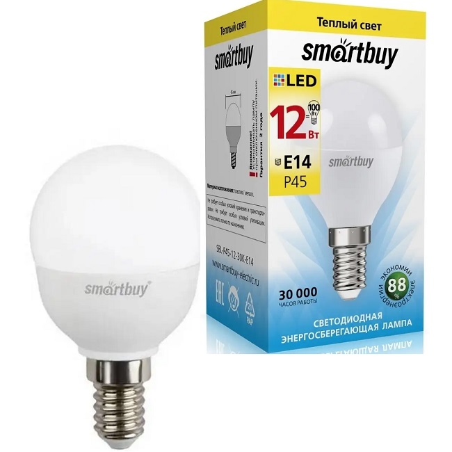 Лампа светодиодная SMARTBUY P45 12Вт 3000K E14 (теплый свет) (1/10/100)