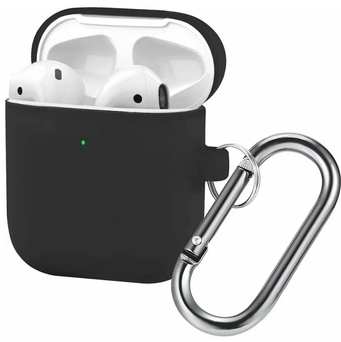 Силиконовый чехол SILICONE CASE для Airpods 1/2, №01_черный , с карабином