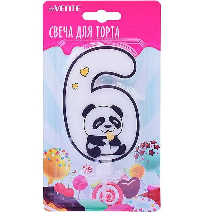 Свеча-цифра для торта "deVENTE. Панда" 6, с рисунком, белая