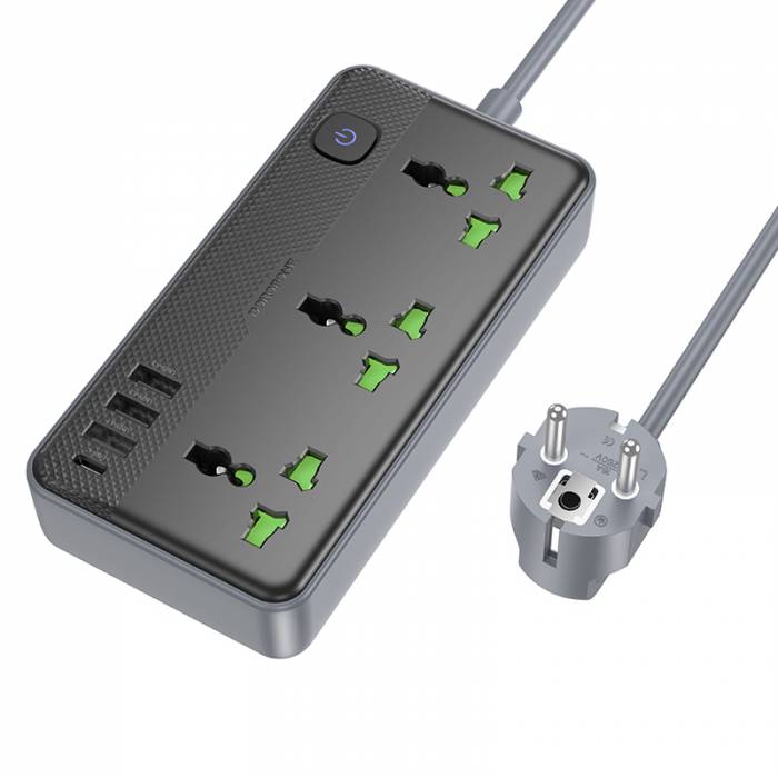 Сетевой фильтр  1.5м BOROFONE BAC2A, черный, 3 розетки, 3хUSB, Type-C, с выключателем