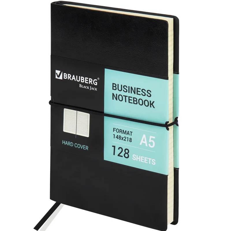 Блокнот А5 (148х218мм), BRAUBERG Black Jack, 128л, кожзам, клетка, резинка, черный, 125240