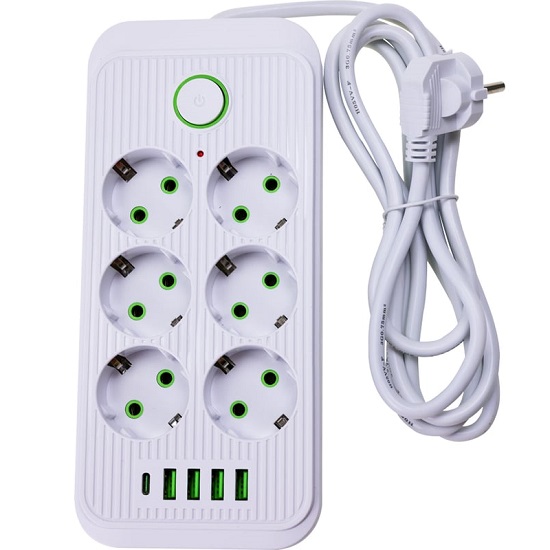 Сетевой фильтр  2.0м TENDENZA TZ-SP003, 6 розеток, 4 USB,1 Type-C