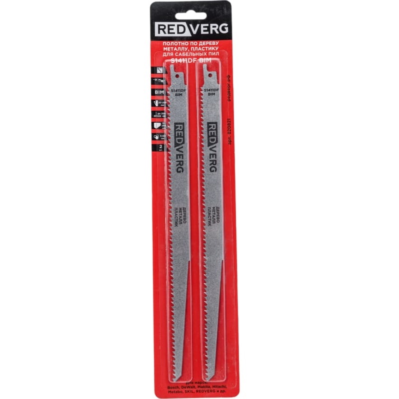 Полотно для сабельной пилы REDVERG S1411DF BIM, по
дер/мет/пласт,300 мм, 2шт (820821)