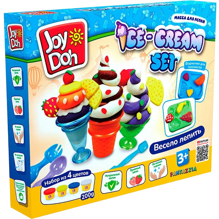 Масса для лепки Joy Doh набор ICE-CREAM SET-МОРОЖЕНОЕ,доп. пресс-формы для фруктов,10 аксессуаров,4 баночки с тестом ICEC-200 pot