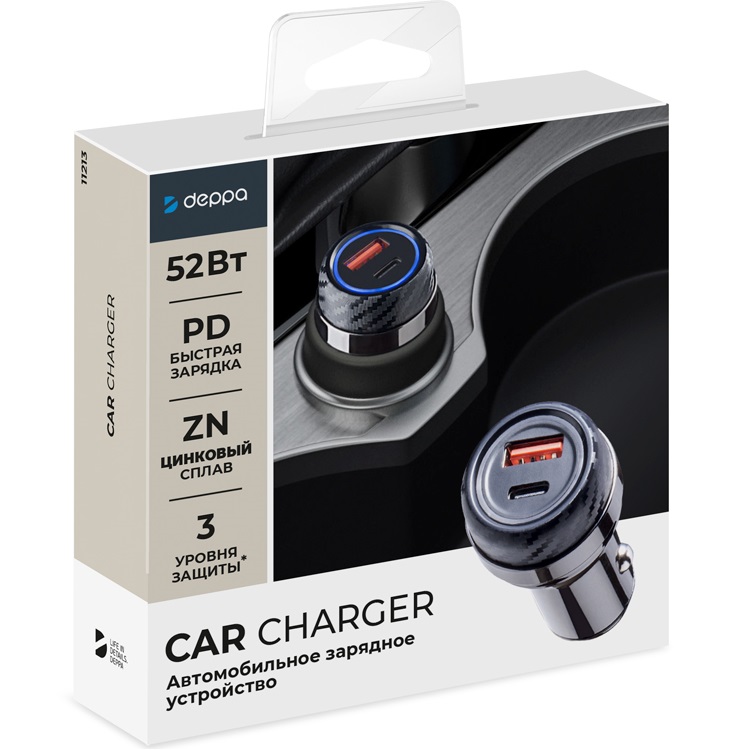 Авто ЗУ 1USB/1 Type-C DEPPA графит, 52W, PD, QC 3.0 (11213)