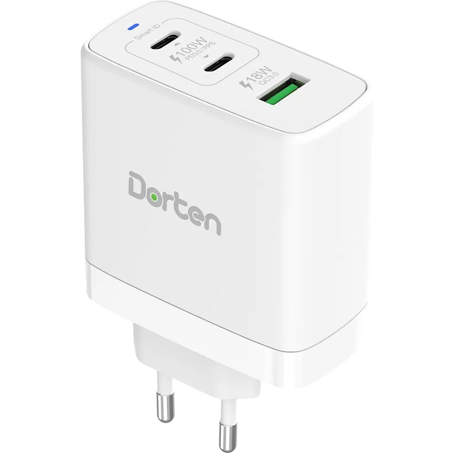 Сетевое ЗУ 2Type-C/1USB DORTEN Smart ID 100W, PD3.0/PPS+QC3.0, White (DN206900)