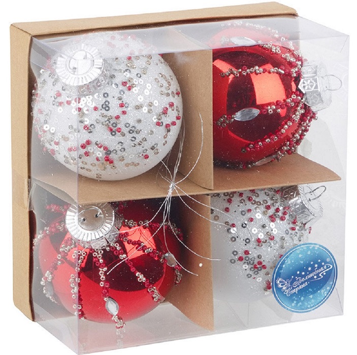 Набор шаров Волшебная страна SYQB-0124087 8 см, 4 шт, красный 2 шт, белый с декором 2 шт арт.108535