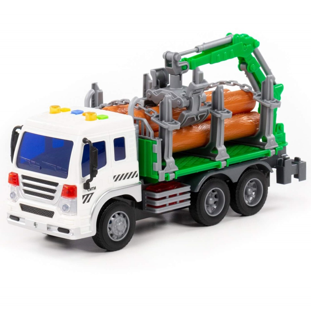 Автомобиль ПОЛЕСЬЕ "Сити" лесовоз инерционный со светом и звуком зелёный 96067