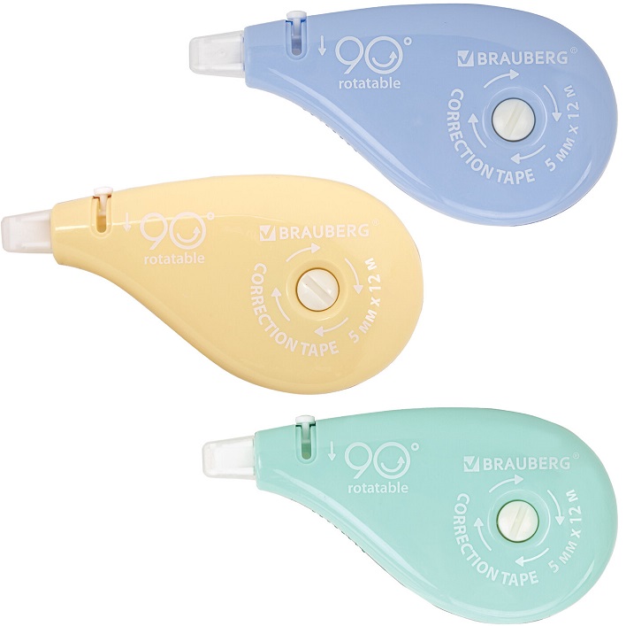 Корректирующая лента BRAUBERG PASTEL 5мм х 12 м вращающийся наконечник 3 шт, 272489