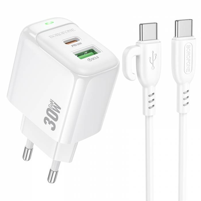 Сетевое ЗУ 1USB/1Type-C 3A BOROFONE BAS45A White, Type-C-Type-C, 30Вт