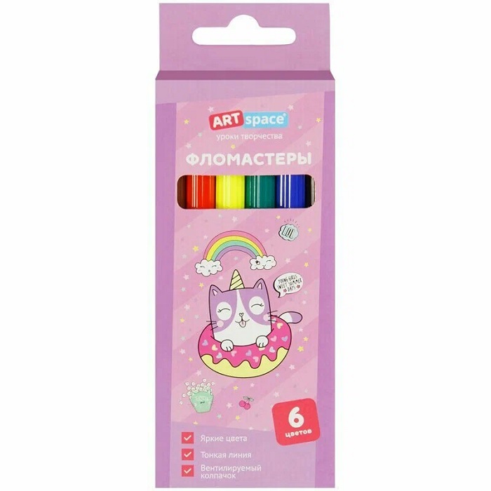 Фломастеры ArtSpace "Кот-сластена", 06цв., смываемые, картон, европодвес WP6_26964