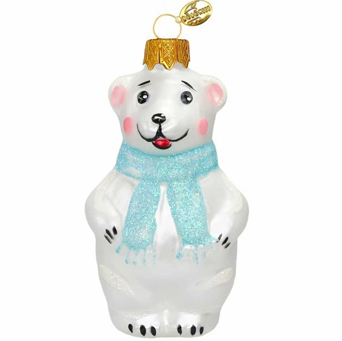 Ёлочное украшение "Мишутка в шарфе" голубой, в подарочной упаковке h-9 см