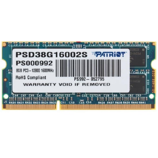 Оперативная память DDR3 8Gb PATRIOT PSD38G16002S (PC3-12800, 1600MHz, 1.5V) SO-DIMM