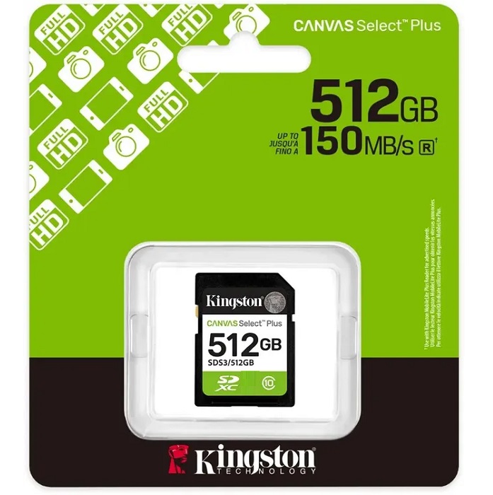 Micro SD 512Gb Kingston Class 10 Canvas Select Plus A1 U1 V10 (150 Mb/s)