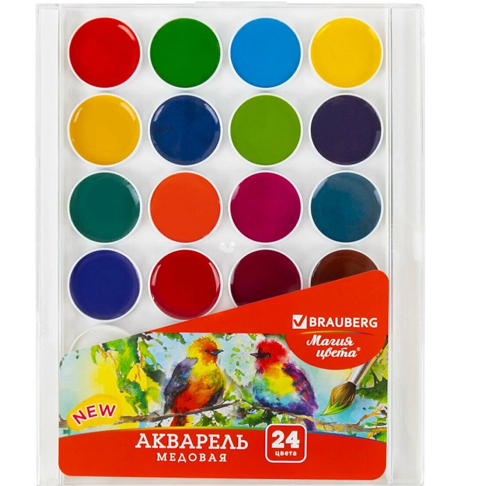 Краски акварельные BRAUBERG "МАГИЯ ЦВЕТА NEW", медовые, 24 цвета, круглые кюветы, 192365