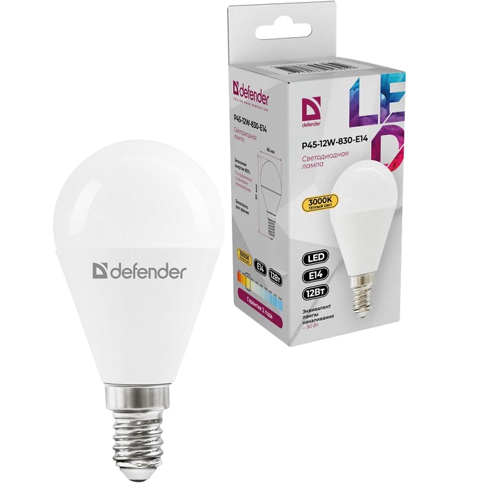 Лампа светодиодная DEFENDER P45 12W/830/E14 шар, теплый белый