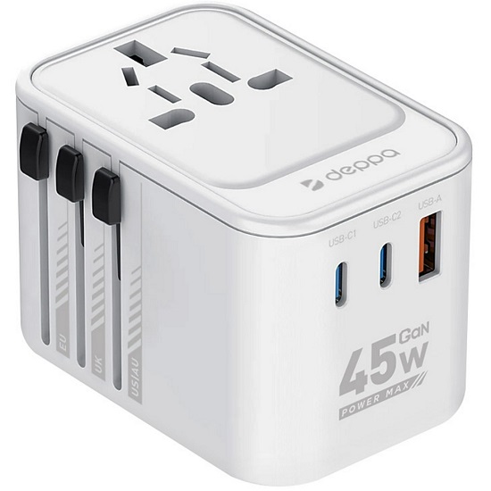 Сетевое ЗУ 1USB/2Type-C DEPPA 11452 белый, PD 3.0, QC 3.0, 45W, GaN EU, UK, US, AU
