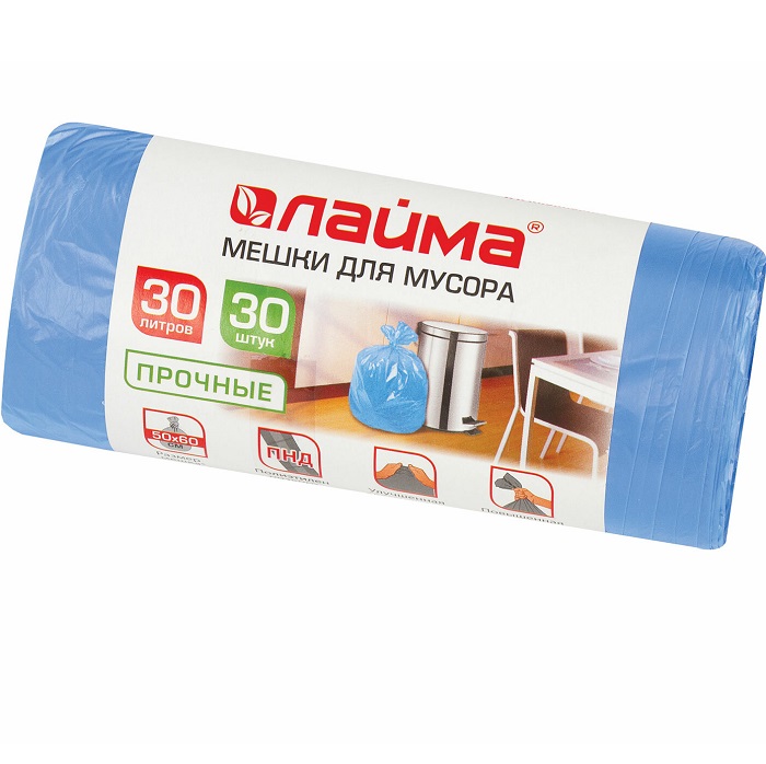 Мешки для мусора 30л LAIMA синие в рулоне 30 шт прочные, ПНД 10 мкм, 50х60см, 601378