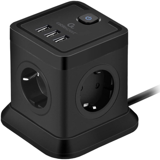 Сетевой фильтр  2.0м CABLEXPERT Tower TWR-4-U3-B-2, 4р, 10А, 3xUSB, 3.1А, 2м, ур.защиты 2+, черный, коробка