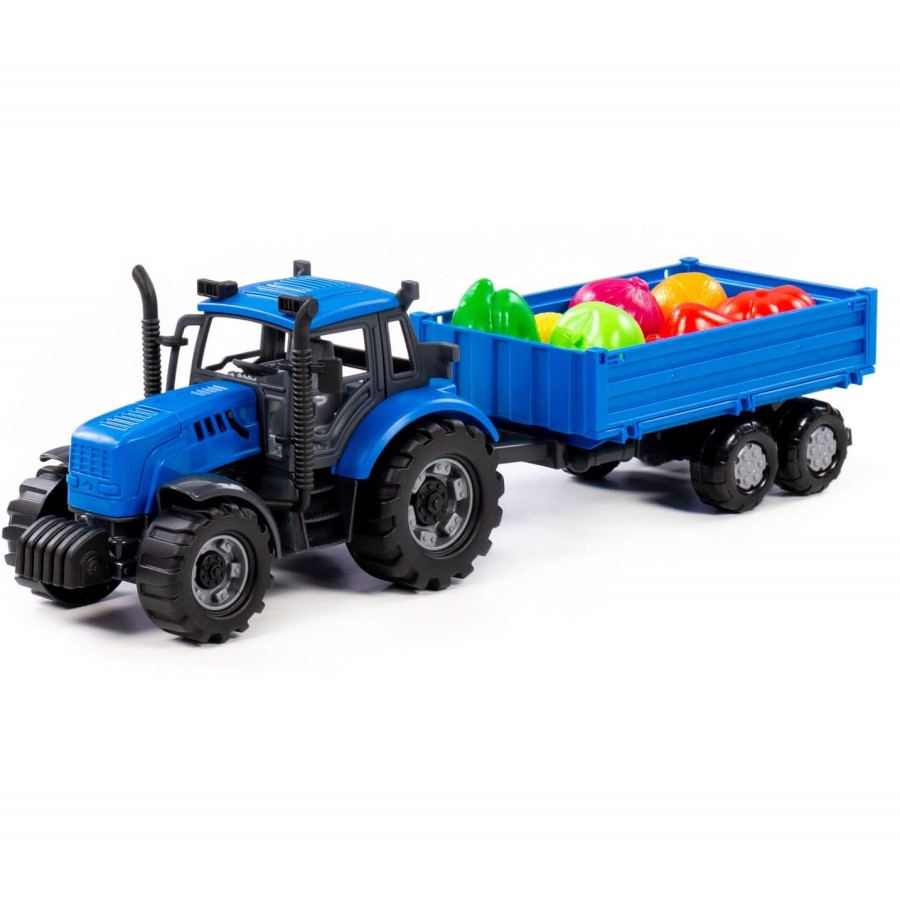 Трактор "Прогресс" с бортовым прицепом инерционный (синий) + набор продуктов 7 эл 02291