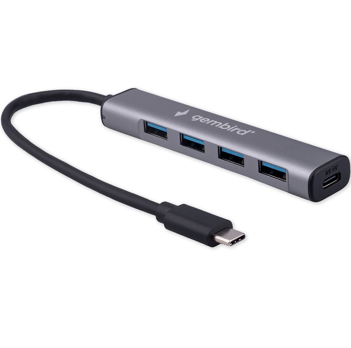 USB Type-C Хаб GEMBIRD UHB-C474, 4хUSB, с доп.питанием (порт Type-C), кабель Type-C 19см, алюминий, коробка