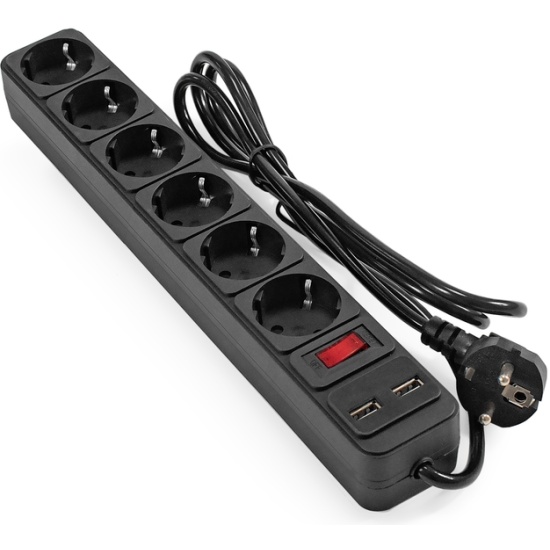 Сетевой фильтр 1.8м ExeGate SP-6-USB-1.8B 6 евророзеток с заземлением, 2 USB-A 2A