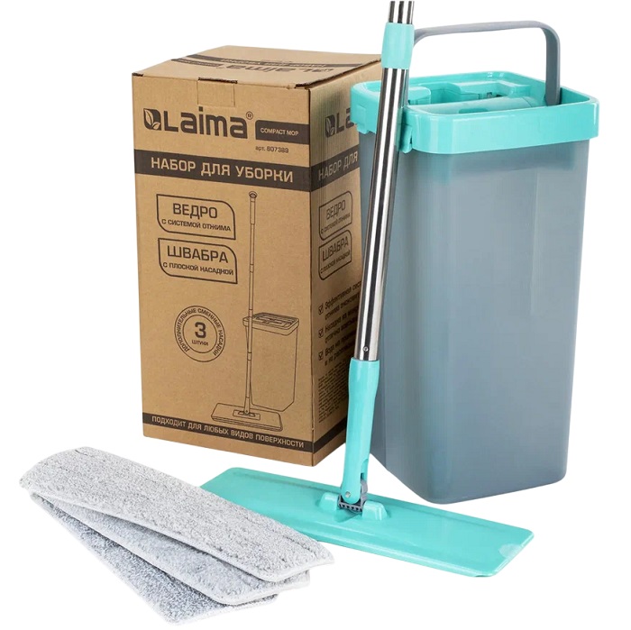 Комплект для уборки: швабра, ведро 9л/7л двухкамерное с отжимом, 3 насадки, COMPACT MOP LAIMA 607389