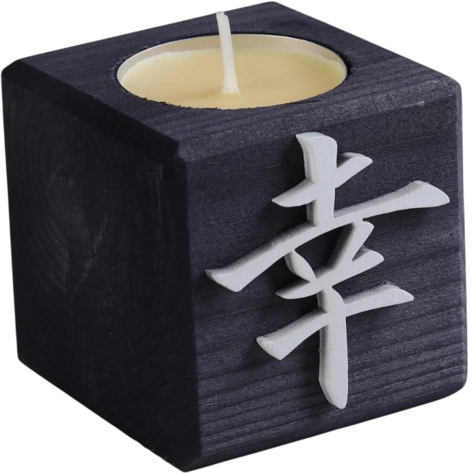 Свеча в деревянном подсвечнике "Куб, Иероглифы. Удача", цвет: "Эбен", 6х6х6 см, аромат манго 5664454