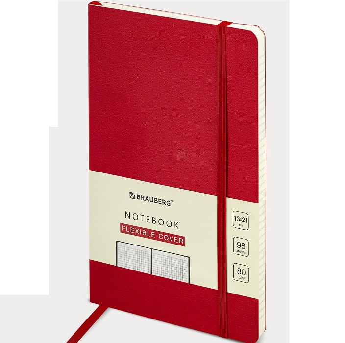 Блокнот А5 130х210мм, BRAUBERG ULTRA, под кожу, 80г/м2, 96л, клетка, красный, 113006