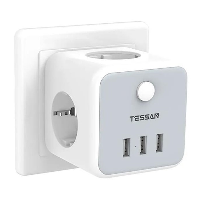 Сетевой разветвитель 3гн. TESSAN TS-301-DE, 3USB, серый