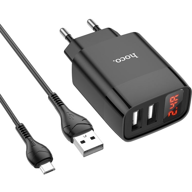 Сетевое ЗУ 2USB 2.4A HOCO C86A, Illustrious, microUSB, чёрный