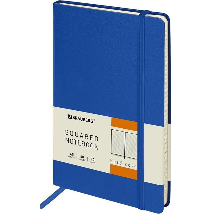 Блокнот А5 148x218мм, BRAUBERG Metropolis, балакрон, 80л, резинка, клетка, синий, 111582