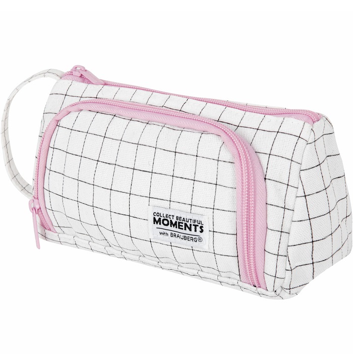 Пенал-косметичка BRAUBERG с ручкой, 1 откидная планка, полиэстер, 22x10х8 см, "Checkered white", 271558