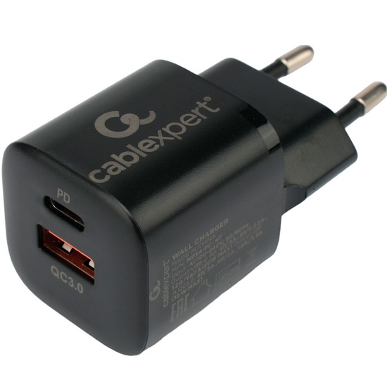 Сетевое ЗУ 1USB/1Type-C CABLEXPERT MP3A-PC-47, черный 20Вт, 3А, QC3.0/PD
