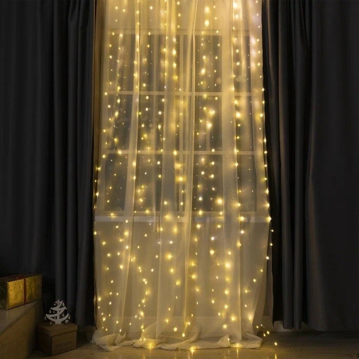 Гирлянда "Занавес", 3 х 2 м, на крючках РОСА свечение желтое (ПИТАНИЕ 3 АА)