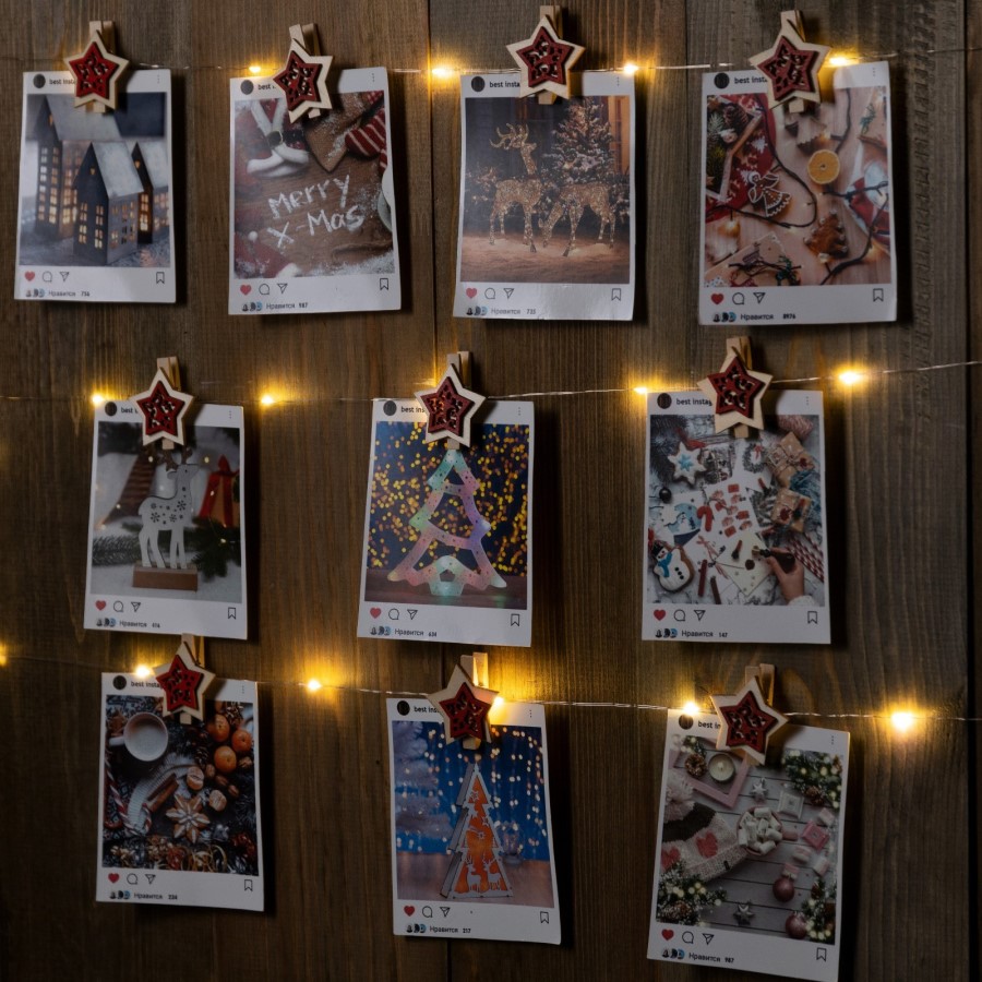 Гирлянда "Нить - Роса с насадками" 2 м, «Прищепки-звёздочки», свечение тёплое белое, ААх2, IP20