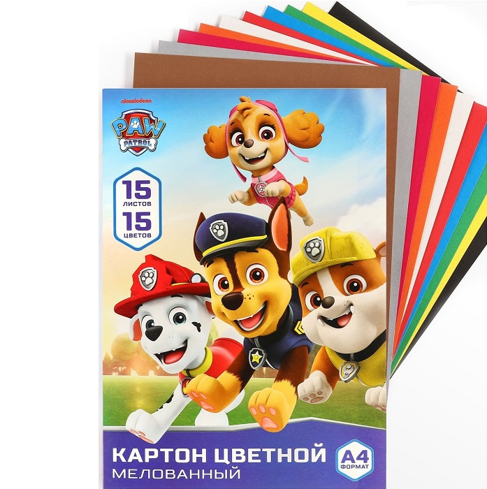 Картон цветной, А4, 15 листов, 15 цветов, мелованный, односторонний, 220 г/м², Щенячий патруль 9515044