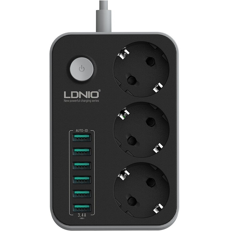 Сетевой удлинитель  1.6м LDNIO SE3631, 3 розетки, 6USB, черный/серый