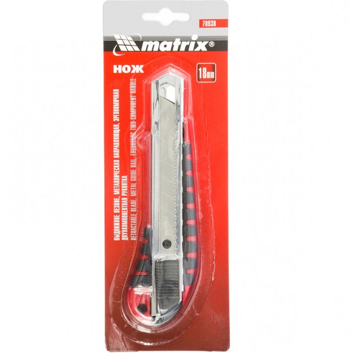 Нож 18мм MATRIX 78938, выдвижное лезвие металлическая направляющая эргоном. двухкомпонентная рукоятка