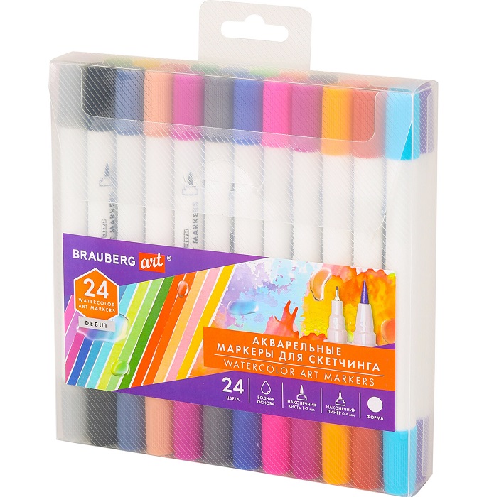 Маркеры акварельные для скетчинга двусторонние 24 цвета, BRAUBERG ART, 152481