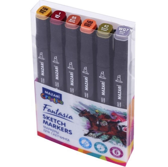 Маркеры для скетчинга Mazari Fantasia, 6 цветов, Wood colors 5164625