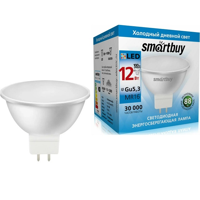 Лампа светодиодная SMARTBUY MR16 12W6000K/GU5.3 (холодный свет)