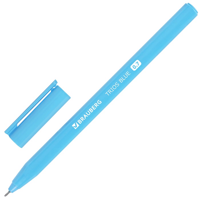 Ручка шариковая BRAUBERG TRIOS BLUE, СИНЯЯ, трехгранная, корпус голубой, 0,7мм, линия 0,5мм, 144158