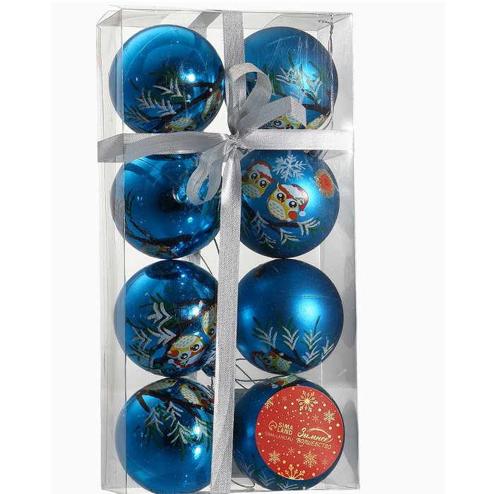 Ёлочные игрушки «Совята», шары новогодние, d=6 см, набор 8 шт., голубой